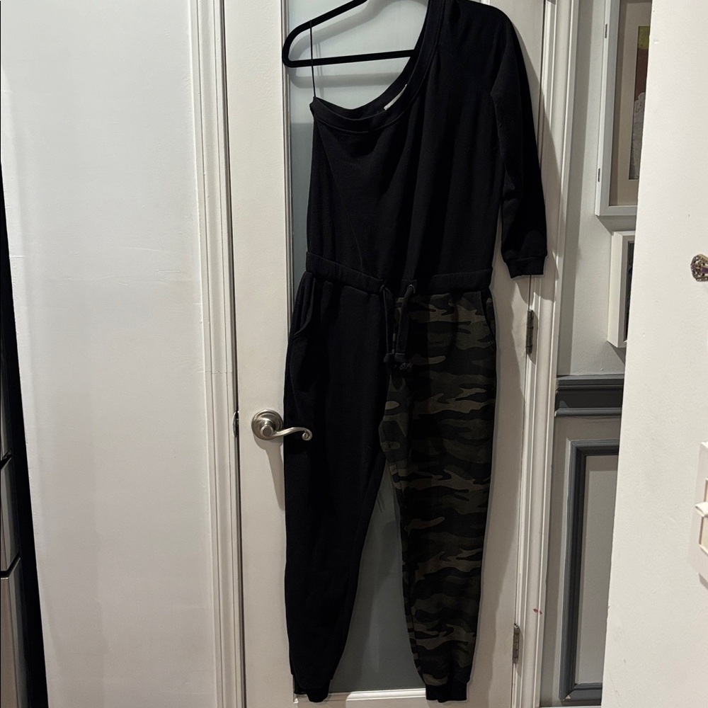 Vintage Havana Black and Camouflage Jumpsuit size medium and one shoulder